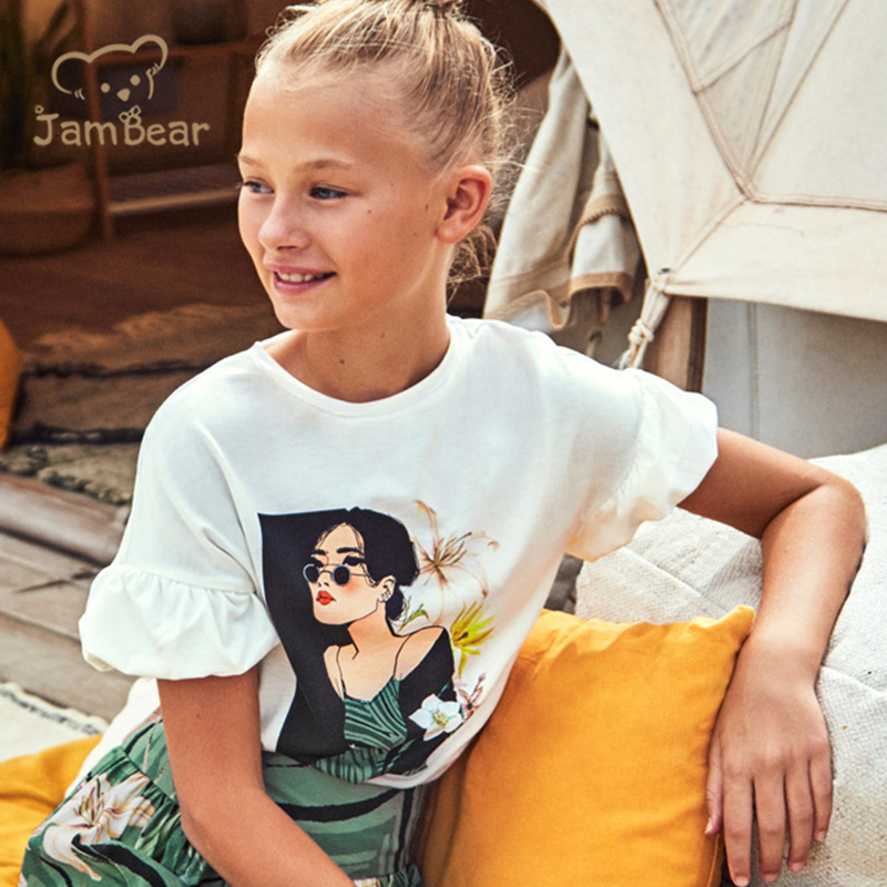 Organic bamboo short puffed sleeve t-shirt girl summer kids girl t shirt sustainable children tshirt eco friendly