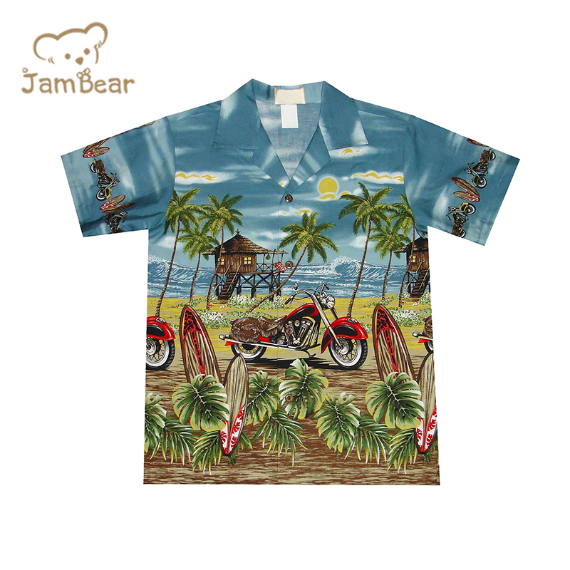 100% Organic cotton hawaiian shirt kids short sleeve children resort shirt sustainable kids poolside shirt
