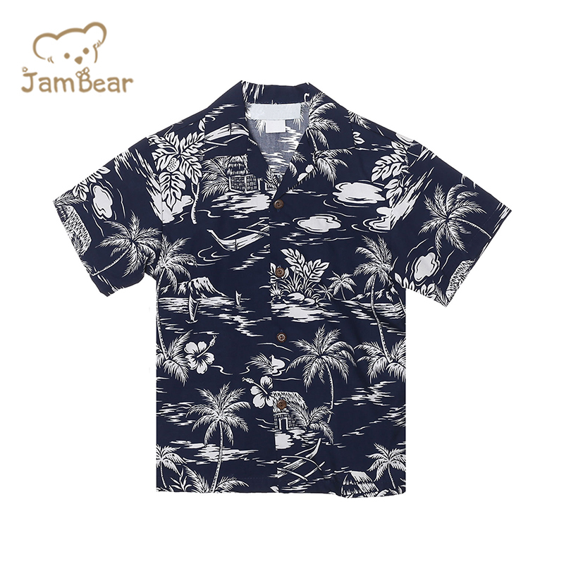 Summer children hawaiian shirt 100% organic cotton kids poolside shirt sustainable kids shirt printing short sleeve eco friendly