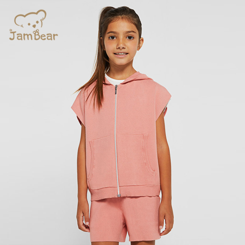 Organic bamboo kids girl tracksuit eco friendly sleeveless hoodie and shorts sustainable kids shorts set