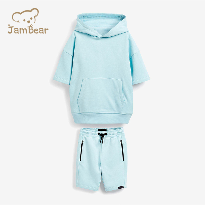 Organic bamboo kids tracksuits sustainable kids shorts set eco friendly kids hoodie and shorts short sleeve