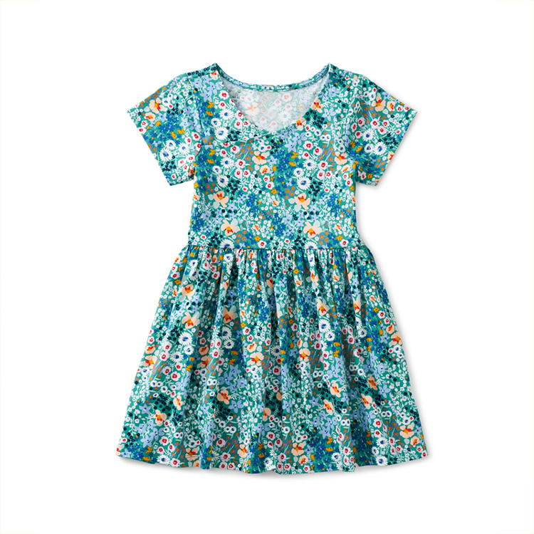 100% cotton knit dresses organic baby clothes Short Sleeve Twirl Dresses Organic cotton baby summer dress