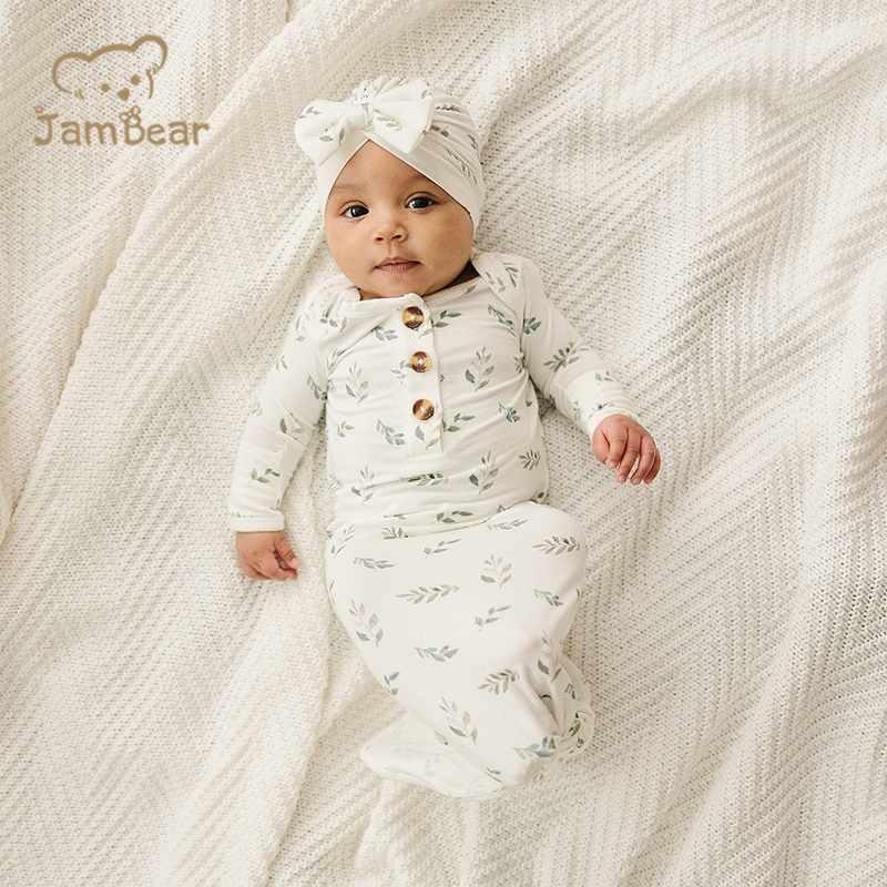 Organic bamboo knotted gown bundle with hat eco friendly knotted gown bundle with hat in fawn sustainable knotted gown bundle