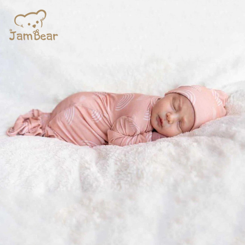 Sustainable knotted gown with hat and blanket set organic bamboo knotted gown and hat set eco friendly knotted gown bundle