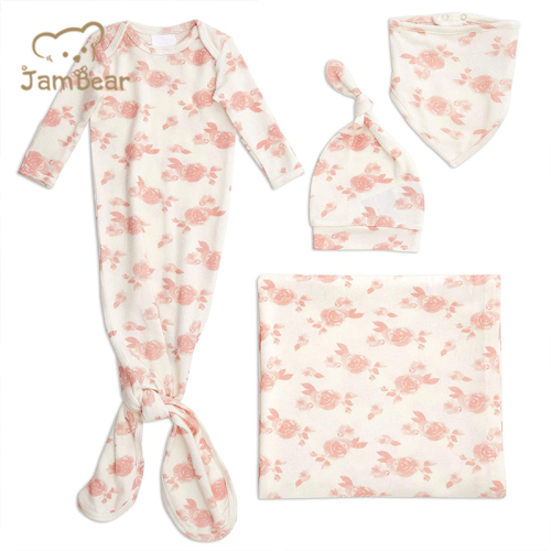 Eco friendly knotted gown bundle with hat in fawn organic bamboo knotted gown and hat set sustainable newborn knotted gown