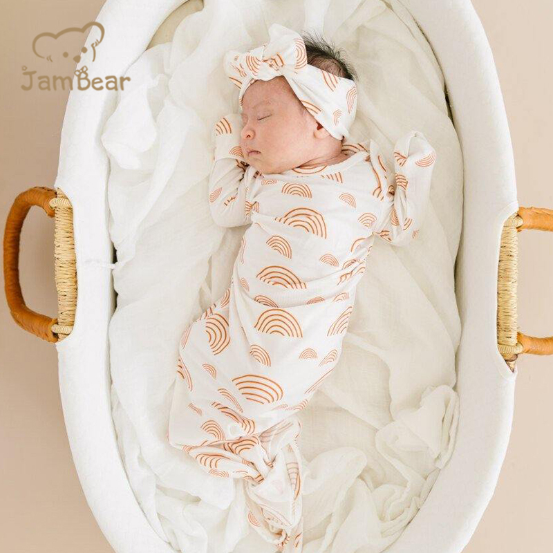 Organic bamboo knotted gown bundle with hat eco friendly knotted gown bundle with hat in fawn sustainable knotted gown bundle
