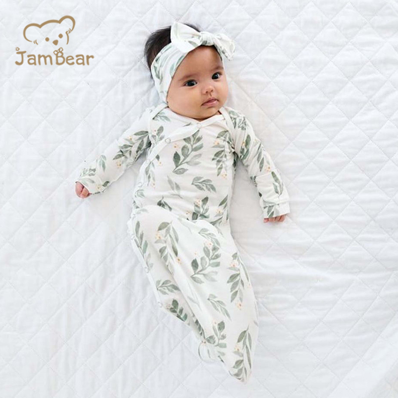 Eco friendly knotted gown bundle with hat in fawn organic bamboo knotted gown and hat set sustainable newborn knotted gown