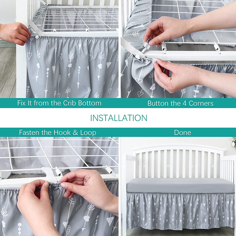 Toddler Bed Skirt Organic cotton Nursery Crib Bedding for Baby reversible crib skirt Pleated Dust Ruffle