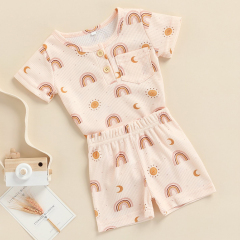 Rainbow babies pants sets Short Sleeve Round Neck Buttons Casual Summer waffle Shorts set infant onesie and shorts
