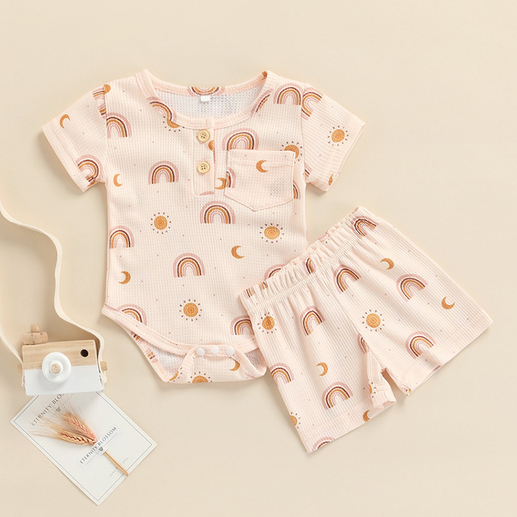 Rainbow babies pants sets Short Sleeve Round Neck Buttons Casual Summer waffle Shorts set infant onesie and shorts
