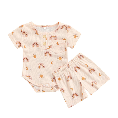 Rainbow babies pants sets Short Sleeve Round Neck Buttons Casual Summer waffle Shorts set infant onesie and shorts