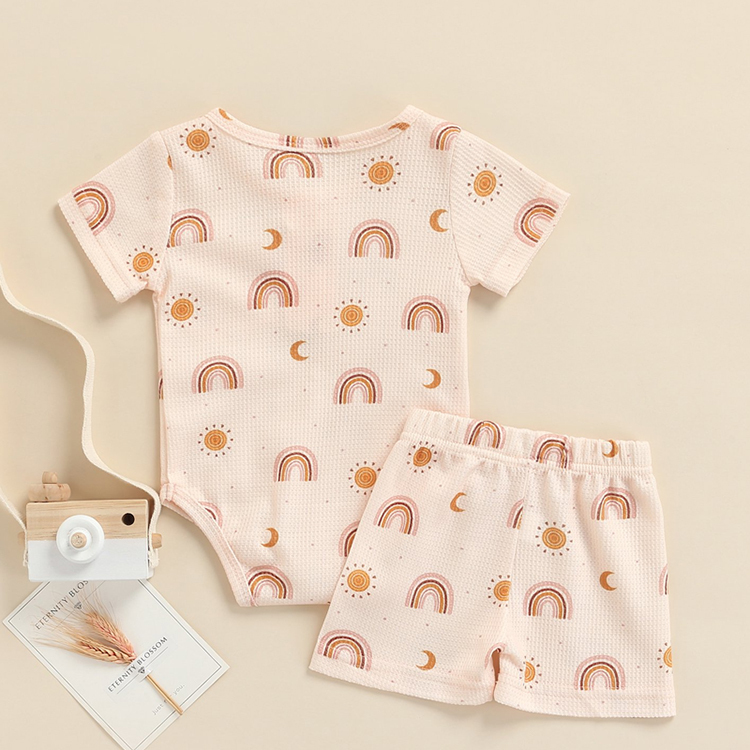 Rainbow babies pants sets Short Sleeve Round Neck Buttons Casual Summer waffle Shorts set infant onesie and shorts