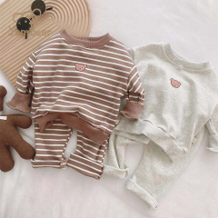 Eco-friendly Organic Cotton baby set Sustainable Baby Striped Bear Long Sleeve Sweatshirt And Pants Set sweat-shirt toddler
