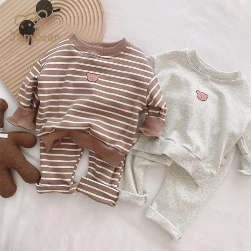 Eco-friendly Organic Cotton baby set Sustainable Baby Striped Bear Long Sleeve Sweatshirt And Pants Set sweat-shirt toddler