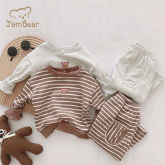 Eco-friendly Organic Cotton baby set Sustainable Baby Striped Bear Long Sleeve Sweatshirt And Pants Set sweat-shirt toddler
