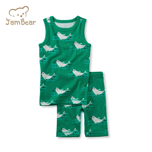 100% Organic cotton rib children's sleepwear pjs for kids printed sleeveless pajamas for children kids sleepwear pajamas