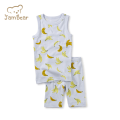 100% Organic cotton rib children's sleepwear pjs for kids printed sleeveless pajamas for children kids sleepwear pajamas
