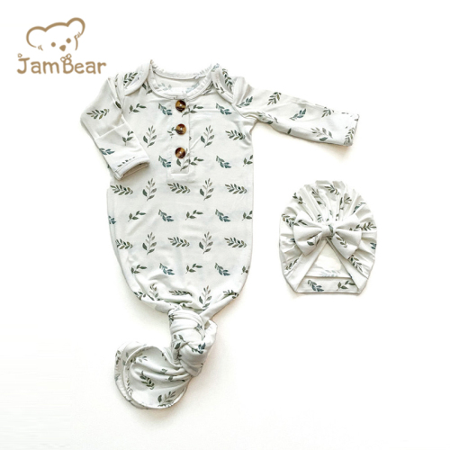 Bamboo baby knotted gown bundle with hat sustainable infant knotted gown bundle bamboo baby gowns sleeping
