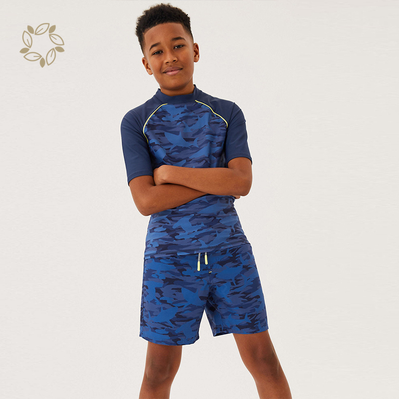 Sustainable child swimwear set nylon eco friendly swim top and shorts set kids camouflage Swim Shorts set