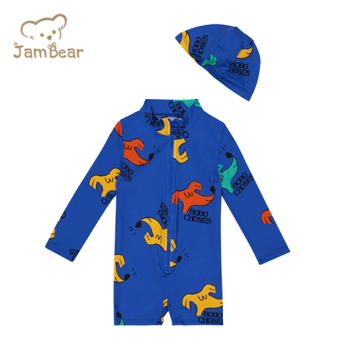 Printed rashguard swimsuit set recycled nylon swimsuit romper and hat sustainable kids swimsuit eco friendly