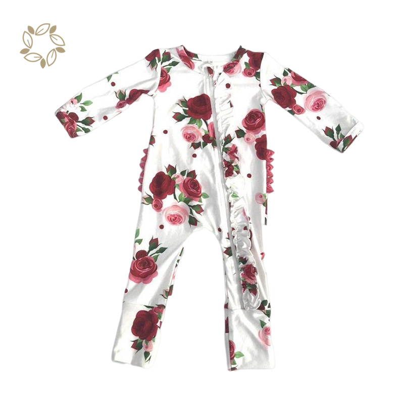 Organic bamboo ruffled baby romper footie sustainable ruffled baby sleepsuit eco friendly ruffle zipper baby sleeper