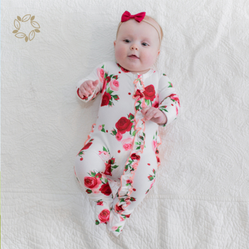 Organic bamboo ruffled baby romper footie sustainable ruffled baby sleepsuit eco friendly ruffle zipper baby sleeper