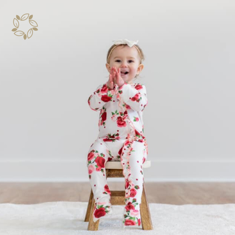 Organic bamboo ruffled baby romper footie sustainable ruffled baby sleepsuit eco friendly ruffle zipper baby sleeper