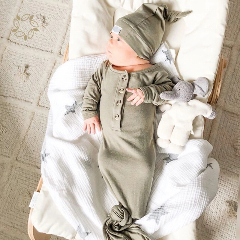 Organic cotton knotted gown and hat set sustainable baby sleeping gown eco friendly newborn Knotted Gown