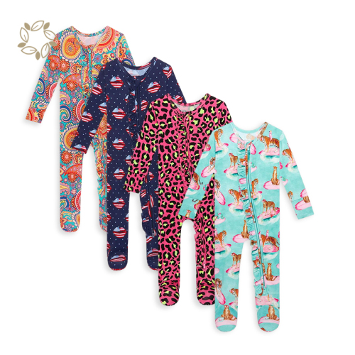 Organic ruffle newborn romper sustainable bamboo baby clothes printed eco friendly baby sleepsuit