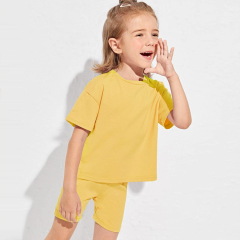 Organic cotton Two Piece Kids Set Girls Drop Shoulder Top & Biker Shorts Set Kid short sleeve top and Shorts
