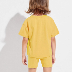 Organic cotton Two Piece Kids Set Girls Drop Shoulder Top & Biker Shorts Set Kid short sleeve top and Shorts