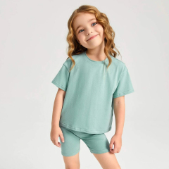Organic cotton Two Piece Kids Set Girls Drop Shoulder Top & Biker Shorts Set Kid short sleeve top and Shorts
