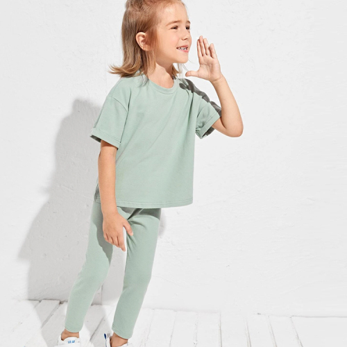 Kid short sleeve top and leggings organic cotton girl Two Piece Kids Set Girls Drop Shoulder Top &amp; pant set