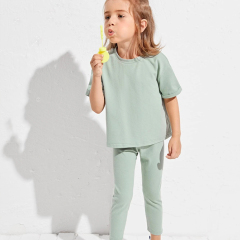 Kid short sleeve top and leggings organic cotton girl Two Piece Kids Set Girls Drop Shoulder Top & pant set