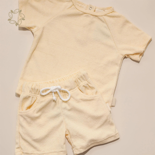 Organic cotton toddler terry towelling shorts set eco friendly baby terry cloth top and shorts sustainable toddler biker shorts