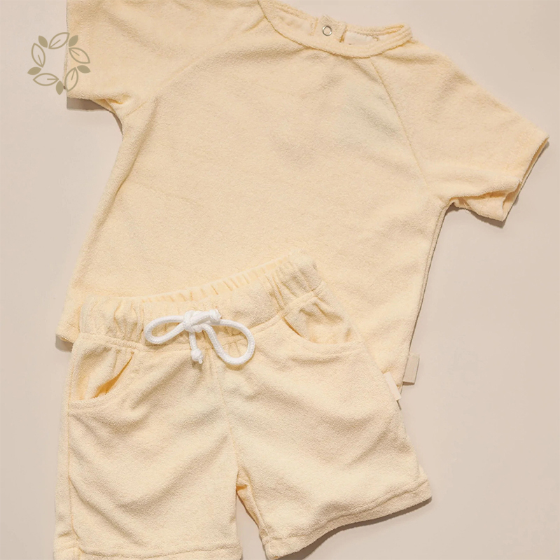 Organic cotton toddler terry towelling shorts set eco friendly baby terry cloth top and shorts sustainable toddler biker shorts