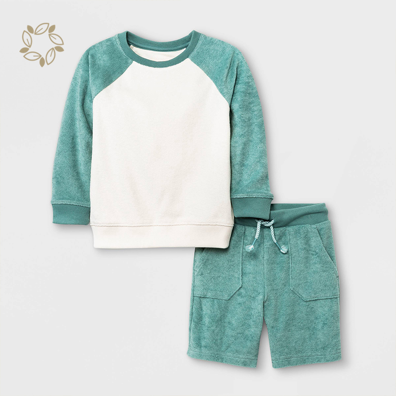 Eco friendly towel cloth baby clothing set bamboo cotton terry cloth sweatshirt and shorts sustainable baby clothing set