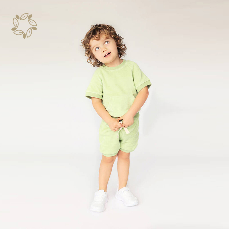 Organic cotton toddler terry cloth shorts set sustainable kids towel cloth tshirt and shorts eco friendly toddler clothing set