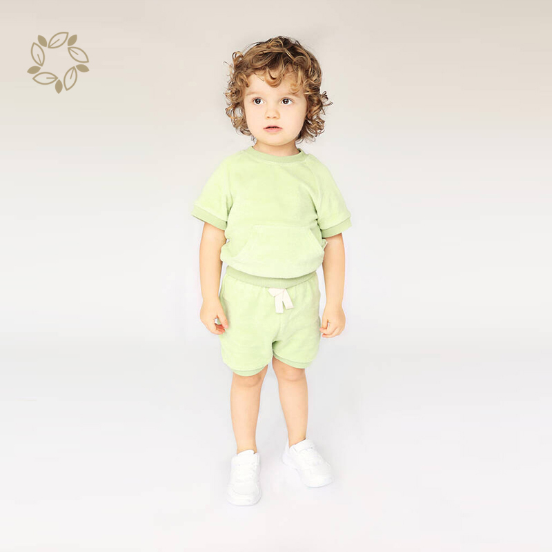 Organic cotton toddler terry cloth shorts set sustainable kids towel cloth tshirt and shorts eco friendly toddler clothing set