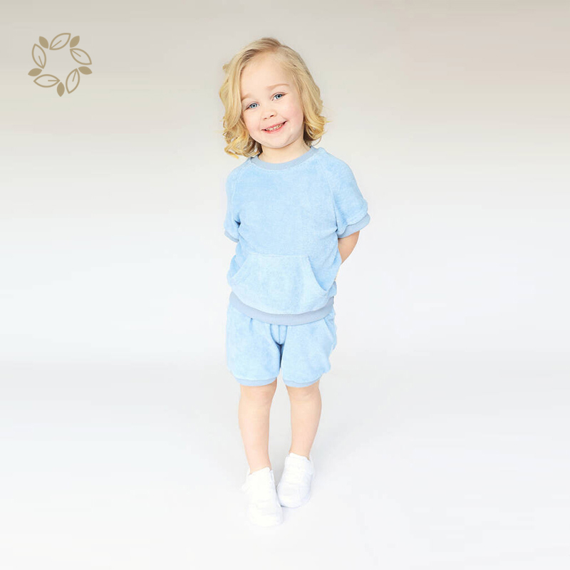 Organic cotton toddler terry cloth shorts set sustainable kids towel cloth tshirt and shorts eco friendly toddler clothing set