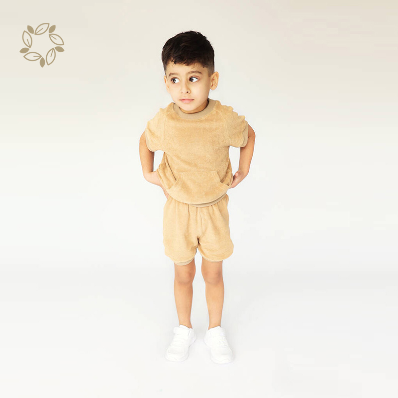 Organic cotton toddler terry cloth shorts set sustainable kids towel cloth tshirt and shorts eco friendly toddler clothing set