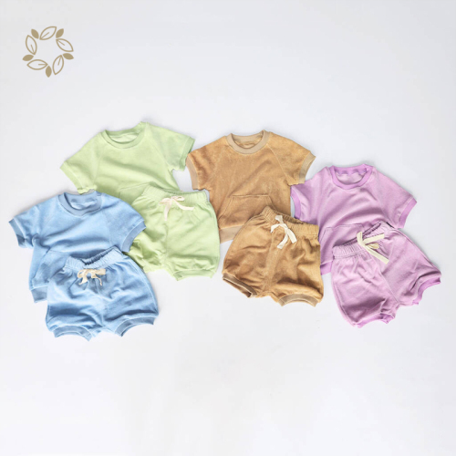 Organic cotton toddler terry cloth shorts set sustainable kids towel cloth tshirt and shorts eco friendly toddler clothing set