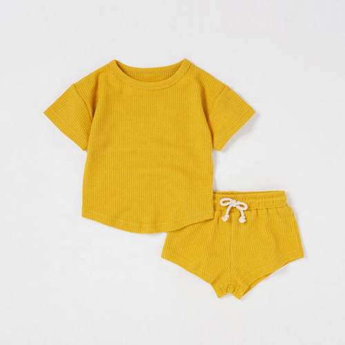Baby Summer Outfit short sleeve top and shorts solid color Waffle toddler Shorts Set Organic bamboo cotton baby short set