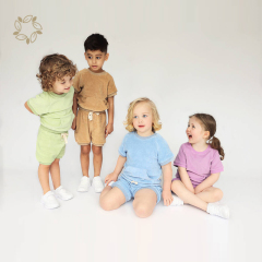 Organic cotton toddler terry cloth shorts set sustainable kids towel cloth tshirt and shorts eco friendly toddler clothing set