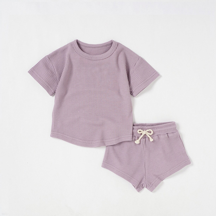 Baby Summer Outfit short sleeve top and shorts solid color Waffle toddler Shorts Set Organic bamboo cotton baby short set