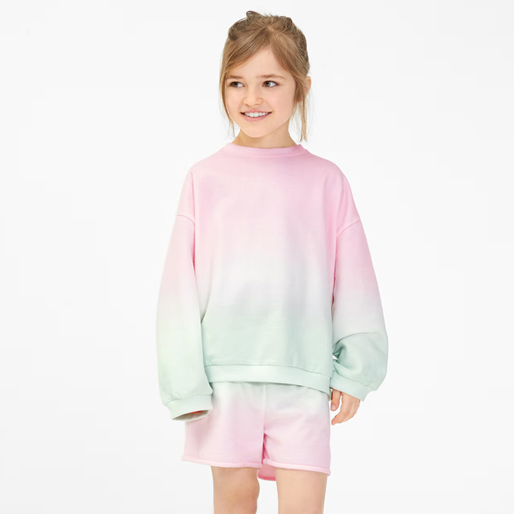Organic cotton children sportswear Eco-friendly kids sweatshirt and shorts set dip dyeing baby girl sweatshirts