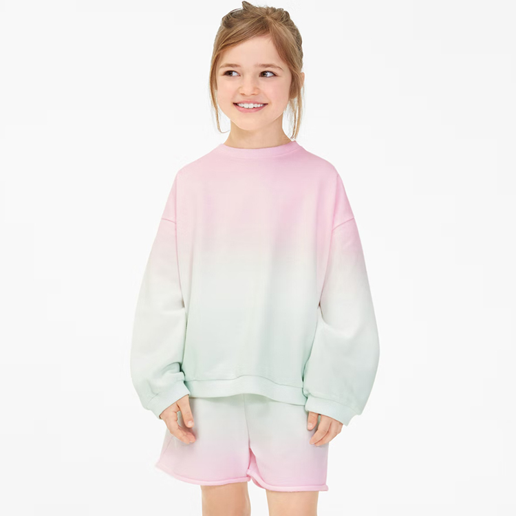 Organic cotton children sportswear Eco-friendly kids sweatshirt and shorts set dip dyeing baby girl sweatshirts