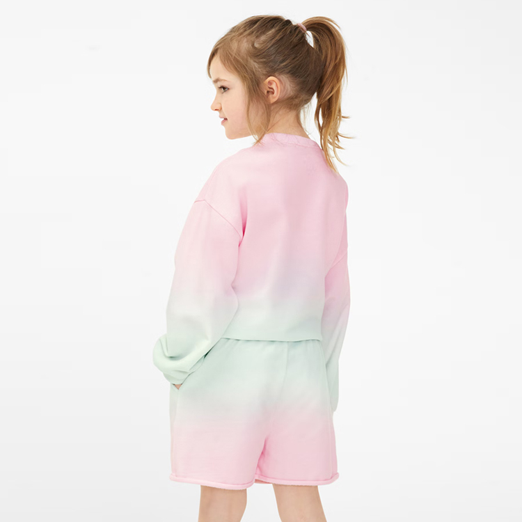 Organic cotton children sportswear Eco-friendly kids sweatshirt and shorts set dip dyeing baby girl sweatshirts