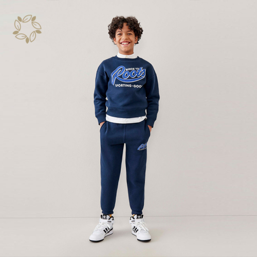 Eco friendly bamboo cotton fleece kids clothing set sustainable kids pullover set organic child crew neck