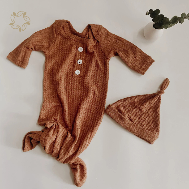 Organic Cotton waffle knotted sleep gown eco friendly baby gown and hat sustainable baby gown and hat